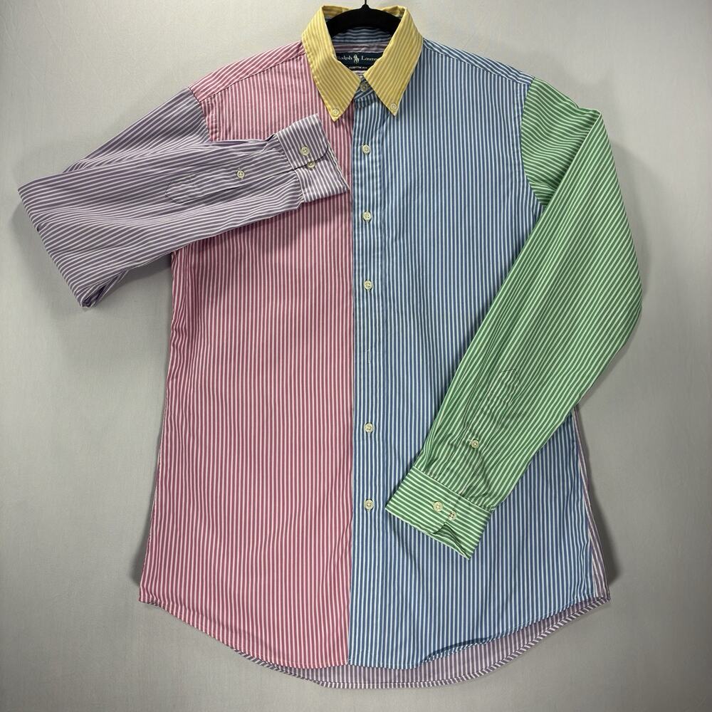 Ralph Lauren Men’s Vintage Fun Shirt M 15 Multicolor Stripe Patchwork Custom Fit